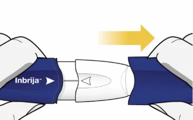 Illustration som visar händer som drar isär Inbrija-inhalatorns komponenter, markerade med en gul pil.