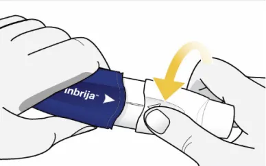 Illustration som visar händer som riktar in pilarna på Inbrija-inhalatorns delar innan den stängs